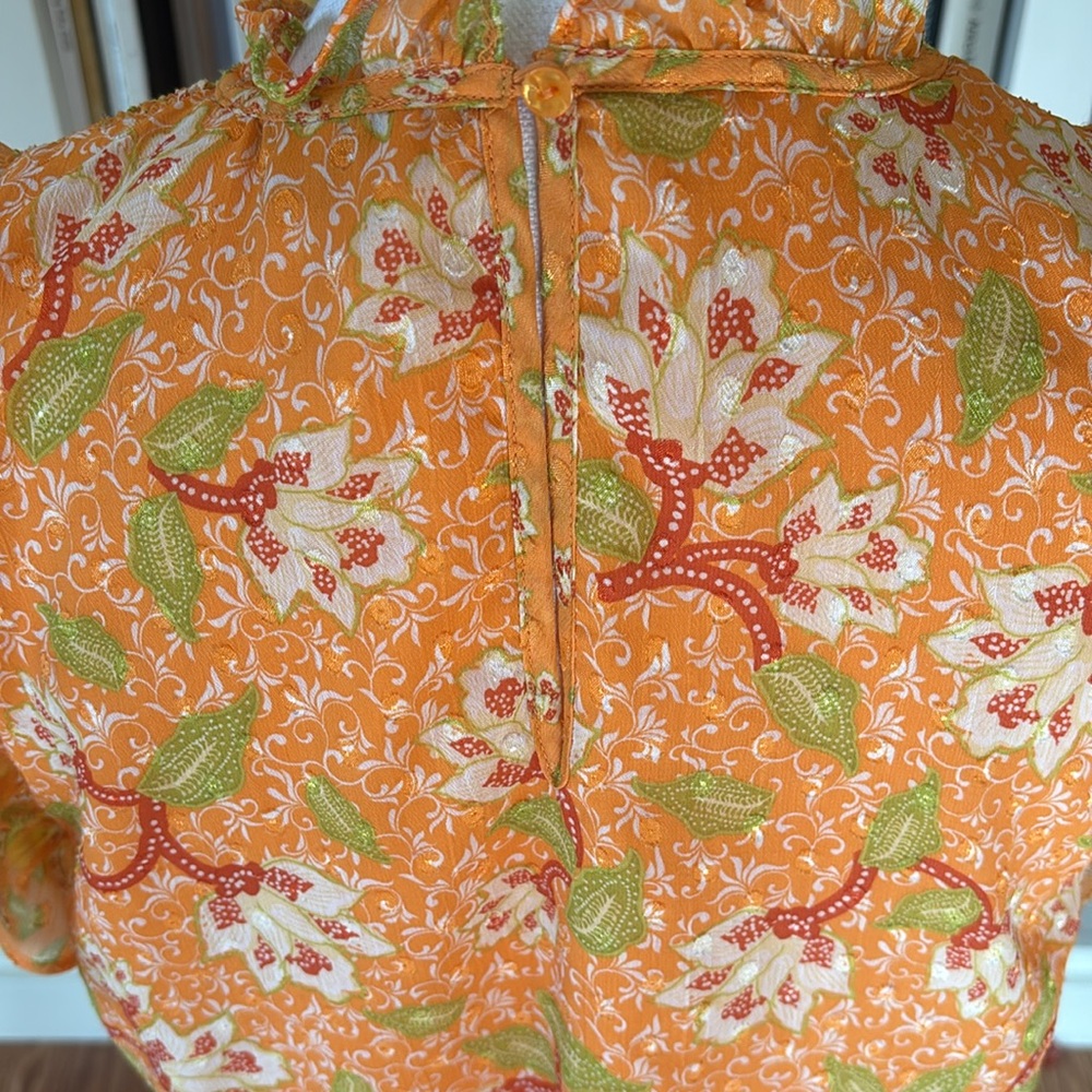 Orange Floral Flutter Sleeve Blouse Medium Cottagecore Boho Spring Anthropologie - Picture 6 of 12